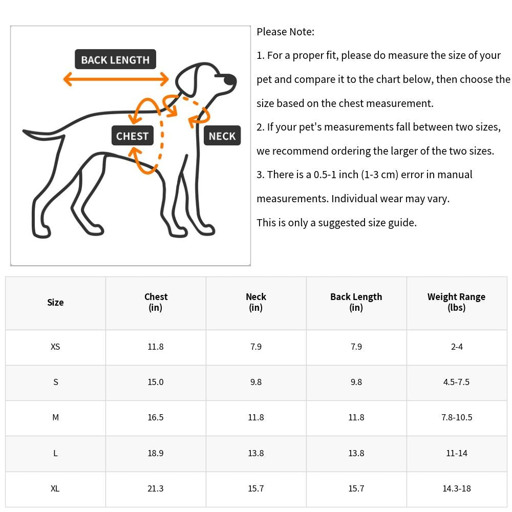 Pet Dress; Size Chart